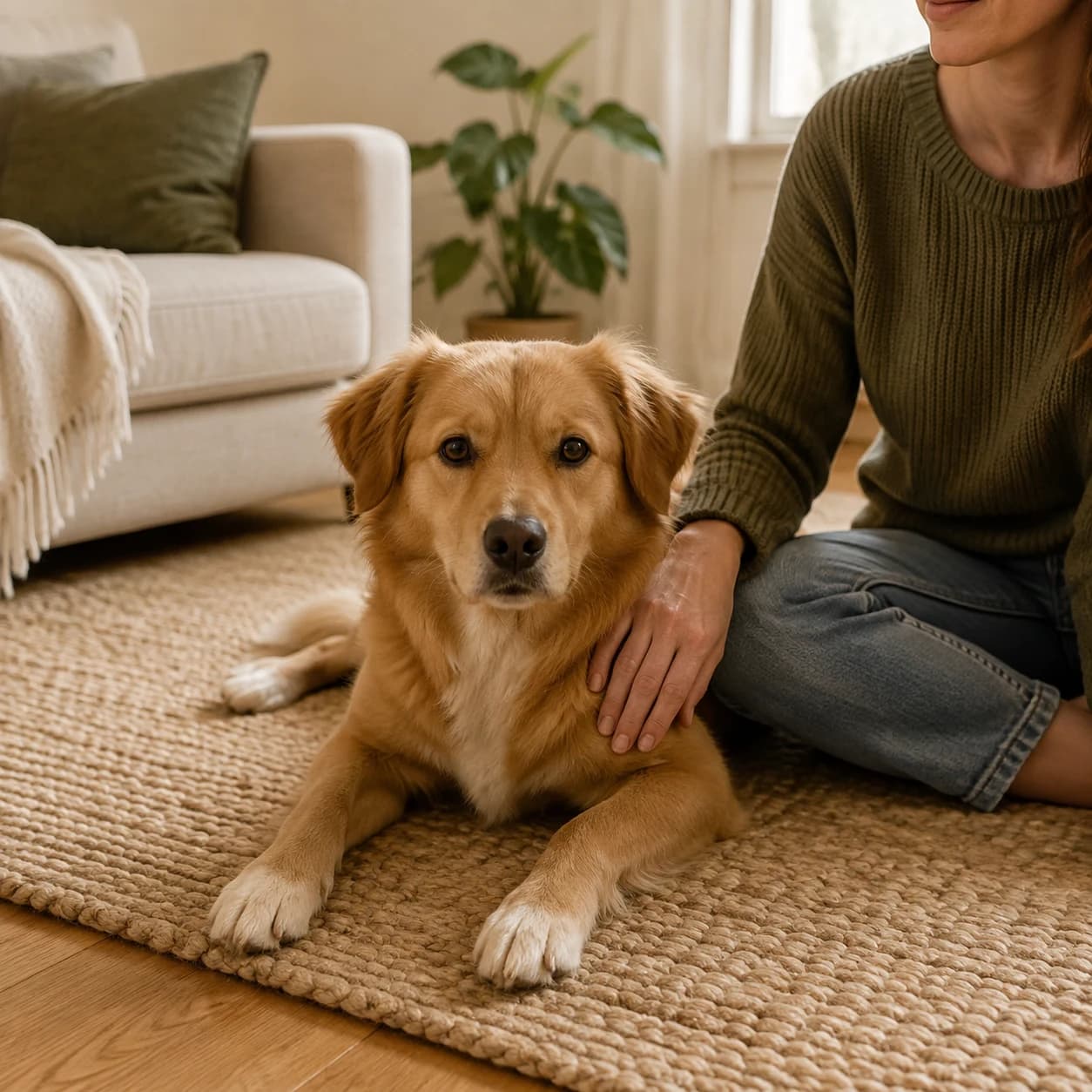 En avslappnad hund vilar på en matta bredvid en person som klappar den